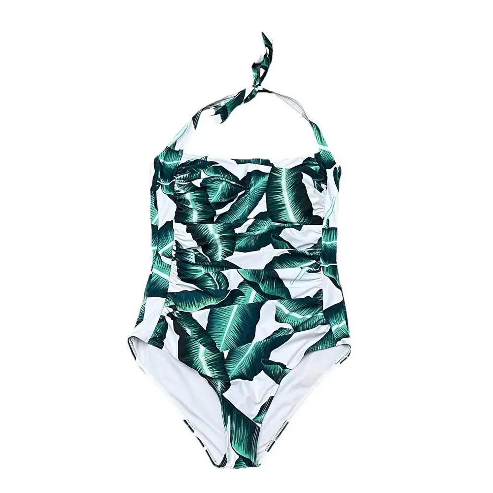Tropical Palm Leaf One Piece Swimsuit XL Green White Halter Ruched Tummy Control